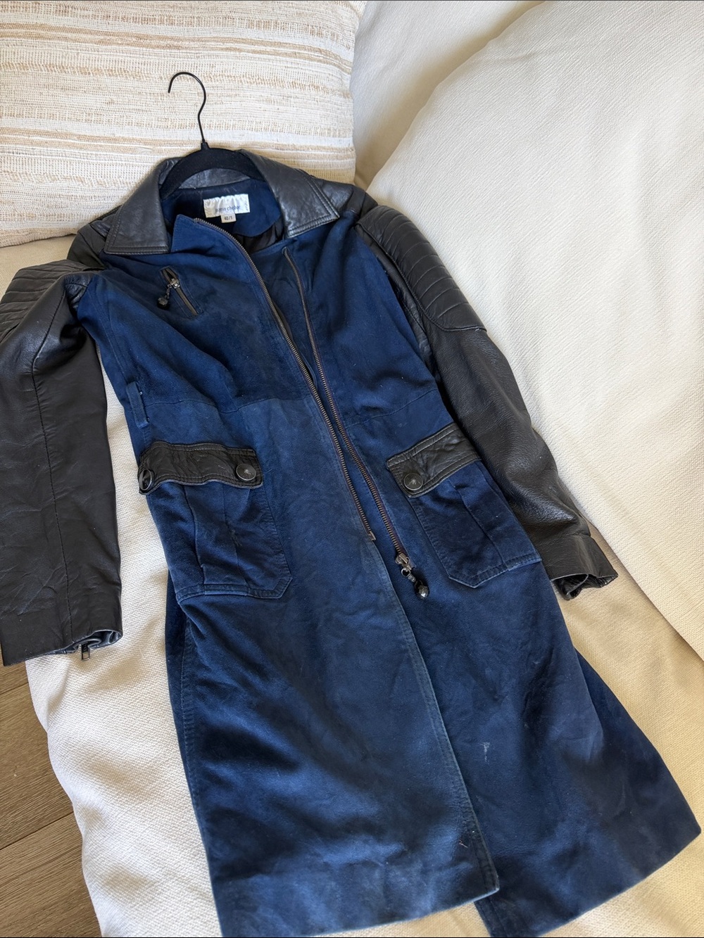 Navy Blue Trench Coat with Black Leather Sleeves